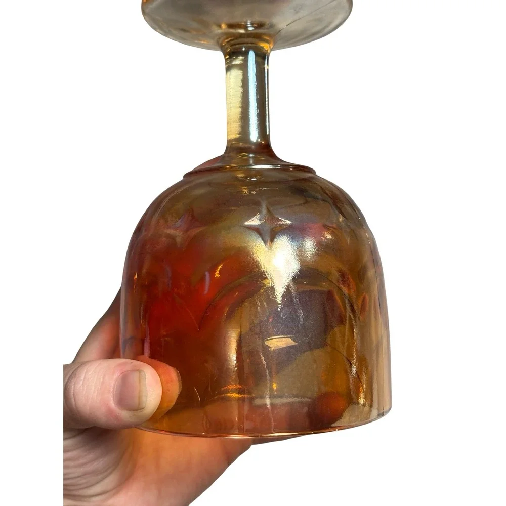 Vintage Amber Carnival Glass Iridescent Starburst Goblet Wine Glass 6in